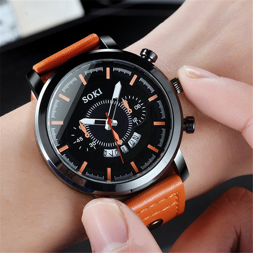 Men's Leather Military Casual Analog Quartz Date Wrist Watch Business Watches