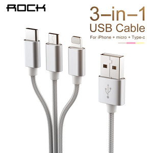 ROCK USB Cable For iPhone 11 XS X 8 7 6 Fast Charging 3 in 1 Micro USB Type C Mobile Phone Android Cord For Samsung Xiaomi