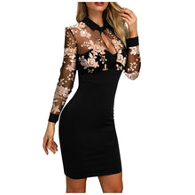 Load image into Gallery viewer, Black Mesh Long Sleeve Bodycon Elegant Turn Collar Dress Women 2020 Spring Slim Clubwear Party Office Ladies Mini Dresses#4