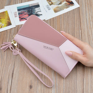 MOONBIFFY Women Wallets with Zipper Pink Phone Pocket Purse Card Holder Patchwork Women Long Wallet Lady Tassel Short Coin Purse