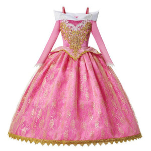 Girls Aurora Dress Bebe Pink Sleeping Beauty Dress Up Floral Flare Sleeve Gorgeous Pageant Gown for Girls Children Aurora Wig